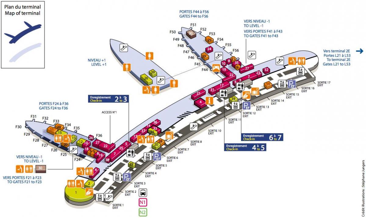 Mapa CDG aireportuko terminal 2F